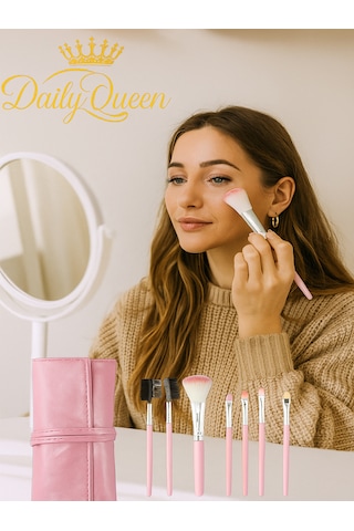 Daily Queen 7 Parça Makyaj Fırça Seti Penbe Deri Çantalı Lüx Ve Kaliteli