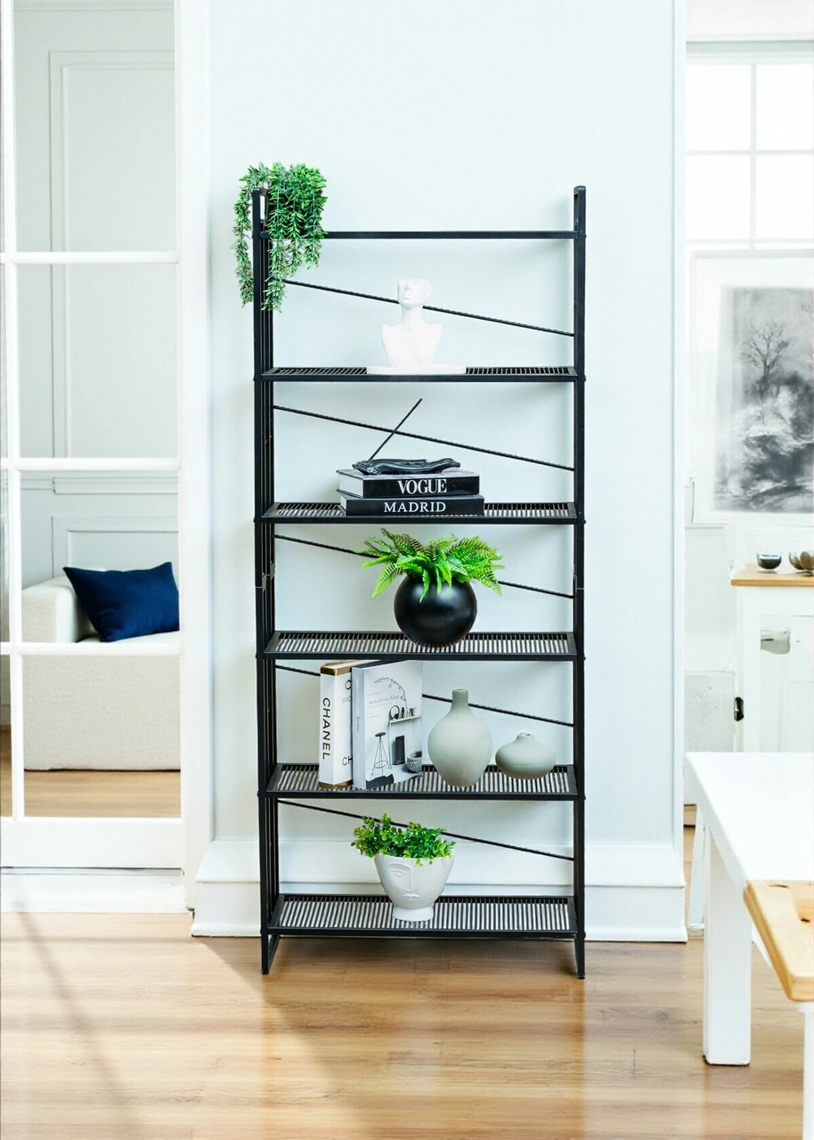 Dekoratif Siyah Metal Kitaplık 6 Raflı Çok Amaçlı Stand Salon Ve Çalışma Odası Düzenleyici Siyah