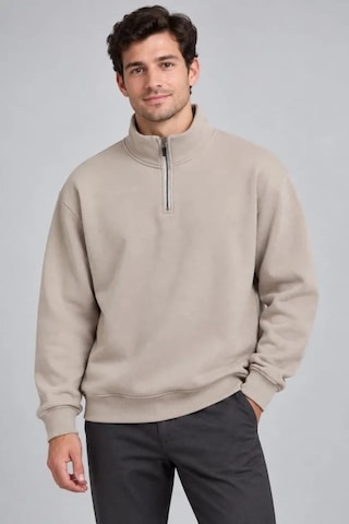 Suma Erkek Üç İplik İçi Şardonlu Dik Yaka Yarım Fermuarlı Kışlık Sweatshirt - Bej