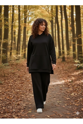 Soft&Basic Kapüşonlu Yanları Çıt Çıt Detaylı Sweatshirt Ve Nervürlü Pantolon Alt Üst Takım Siyah
