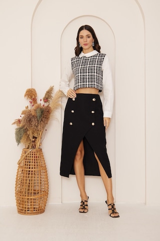 Darlin Moda Siyah Büyük Düğmeli Önden Yırtmaçlı Tweed Etek Dm2030 Siyah