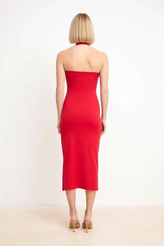 Benerly Kadın Havuz Yaka Kolsuz Bodycon Midi Elbise %96 Polyester Elastan Kırmızı