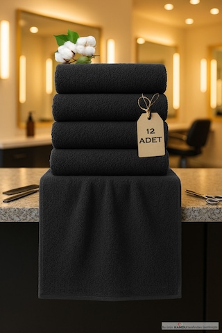 12 Tane Büyük Boy Pamuklu 50x90cm, Fitness Havlusu , Spor Havlusu , Kuaför Havlusu Siyah