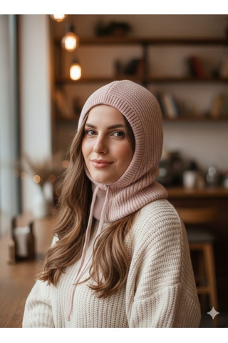 Kadın Kışlık Triko Örgü Balaklava Tesettür Başlık-şapka Pembe