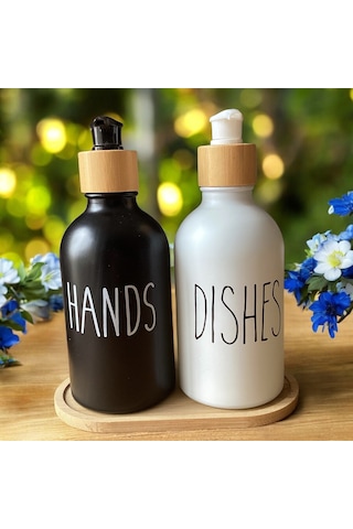 Brokoli Home 2 Adet Siyah Beyaz Dekoratif Mutfak Banyo Sıvı Cam Sabunluk Seti Bambu Stantlı Set Diğer