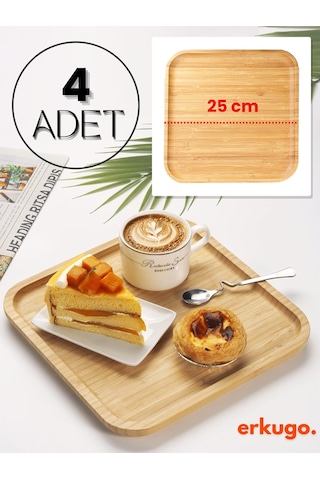4 Adet Bambu Kare Servis Tabağı, Sunum Seti 25x25 Cm Bambu