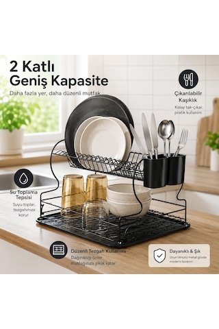 Alper Banyo 2 Katlı Siyah Bulaşıklık Ve Tabaklık, Geniş Kapasitel