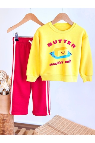 Magu Çocuk Pamuklu Sarı Baskılı Sweatshirt Ve Kırmızı Şeritli Pantolon Takımı Çok Renkli