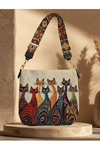 Genel Markalar Goblen Kadın Omuz Çantası Kedi Desen Krem.karışık Renkli Desenli