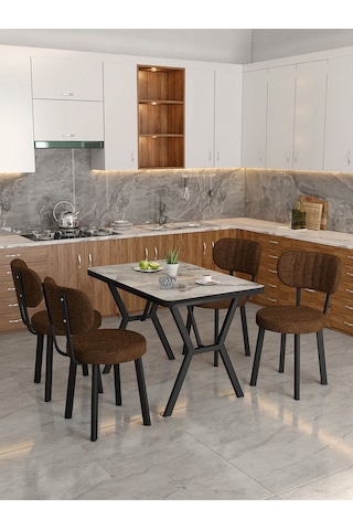 Azra 70x110cm Efes Mutfak Masası, Mutfak Masası Takımı, Yemek Masası, 4 Kahverengi Sandalye Kahverengi
