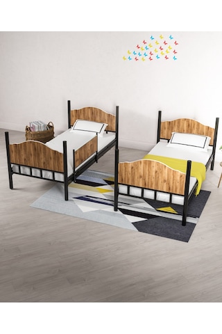 Ejder metal Metal Ahşaplı Ranza Siyah-ceviz Renk (YATAKSIZ)