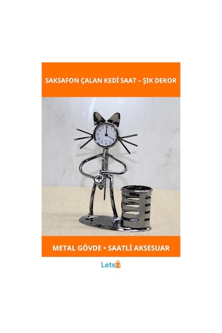 Şık Metal Saksafon Çalan Müzisyen Kedi Saat Ve Kalemlik Çok Renkli