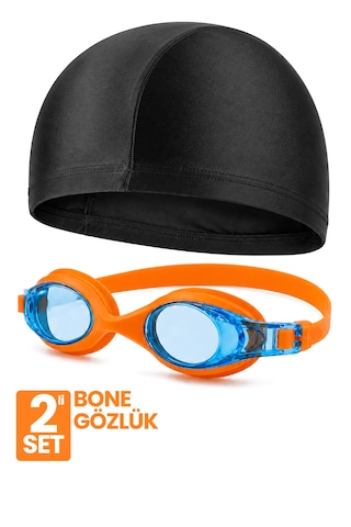 Set Yüzücü Gözlüğü Kumaş Bone Set Yüzme Havuz Deniz Gözlüğü Ve Bone Turuncu
