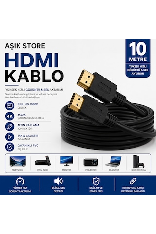 Hdmı Kablo 10 Metre Full Hd 1080p Yüksek Hızlı Görüntü Ve Ses Aktarım Kablosu Tv Monitör Projeksiyon Ps5 Xbox