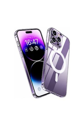 İphone 14 Pro Max Uyumlu Yumuşak Magsafe Kablosuz Şarj Destekli Şeffaf Kılıf Kamera İçin Yükseltilmiş Çerçeve