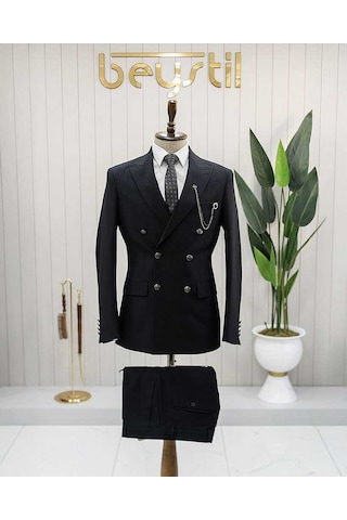 Standart Bys Beystil Sivri Yaka Siyah Kruvaze Takım Elbise - Slim Fit