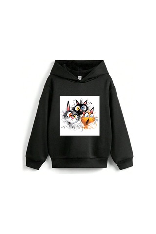 Stil X Sevimli Kediler Baskılı Kapüşonlu Çocuk Sweatshırt Siyah-3