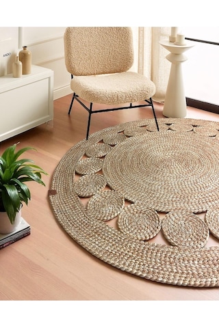 1 Adet Yuvarlak Parçalı Jüt Görünümlü Kilim 100 Cm Kahverengi