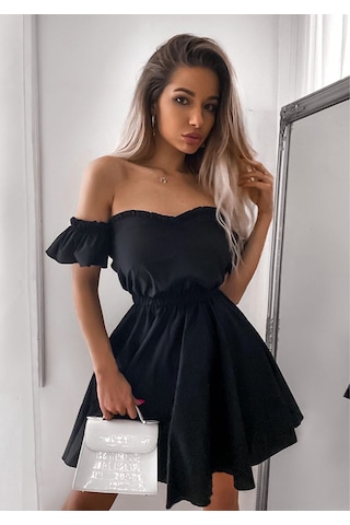 Fashion Cocktail Doğal Keten Kumaşlı Puf Kol Kabarık Straples Elbise Siyah