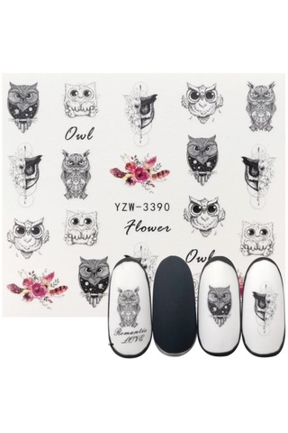 Baykuş Çiçek Tırnak Dövme Vinil Sticker Tırnak Dövmesi Renkli Nail Art Tattoo 6x5.5cm