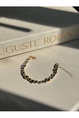 Çift Renk Taş Formlu Kadın Çelik Bileklik Altın & Gümüş Detaylı Altın