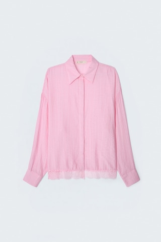 Sateen Dantel Detaylı Gömlek - Pembe-137693