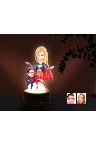 Kişiye Özel Süper Anne Ve Çocuk Karikatürlü Dekoratif 3D Biblo Le
