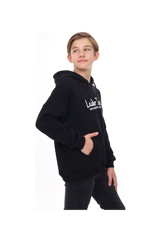 Toontoy Kids Toontoy Erkek Çocuk Oversize Kapüşonlu Cepli Düşük Omuz Baskılı Sweatshirt - 2 İplik Siyah