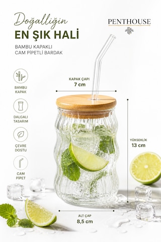 Bambu Kapaklı Cam Pipetli Bardak Sunum Bardağı Dalgalı Tasarım, Soğuk & Sıcak İçecek Uyumlu Cam - Şeffaf