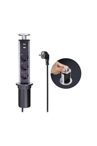 Xtechnx Xtechn246539 Vea Ve-24062 Üçlü 1.5 Metre Kablolu İki Usb Li 60mm Masaüstü Priz 1.5 M