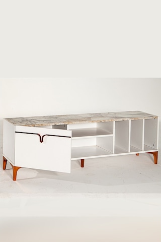 Pietra Tv Ünitesi - Beyaz Mermer Desenli 160 Cm 2 Kapaklı + 2 Raf
