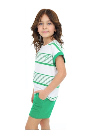 Toontoy Kids Toontoy Kız Çocuk Çizgili Kalp Nakışlı Şortlu Takım Çimen Yeşili