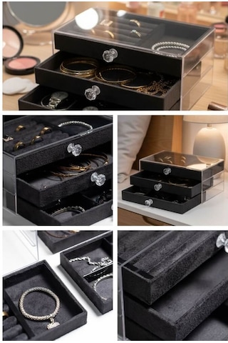 Piev House By House Kadife Kumaş Kaplı Üç Katlı Çekmeceli Takı Kozmetik Organizer Siyah