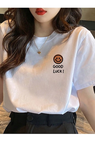 Flood Of Style Unisex Beyaz Smile Good Luck Baskılı Oversize