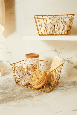 Ocean Home Textile 2'li Altın Renk Metal Sepet Set 25 x 18.5 x 10.5 / 20.5 x 15.5 x 10 cm