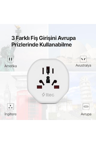 Ttec Akım Korumalı 10a/250v Amerikan/avrupa/ingiliz Tipi Priz Dönüştürücü Priz Çevirici Adaptör Priz