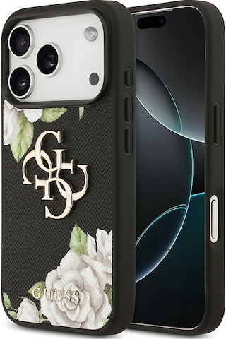 Apple Uyumlu iPhone 17 Pro Kılıf Guess Lisanslı Gül Baskılı Büyük Metal Logo Dizaynlı Kapak Siyah Siyah