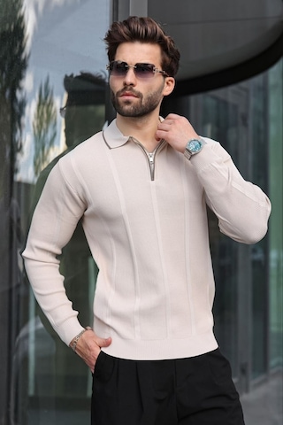 Madmext Taş Polo Yaka Yarım Fermuarlı Fitilli Erkek Triko Kazak E7515 Taş Rengi