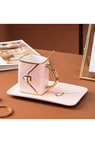 Özel Çanta Şeklinde Kahve Fincan Tabağı Ve Kaşık Seti Pembe Pembe