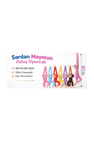 Sarılan Maymun Peluş Oyuncak 85 Cm Birbirine Yapışan Eller, Renkli Sevimli Askılı Oyuncak Siyah