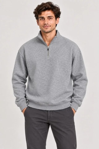 Suma Erkek Üç İplik İçi Şardonlu Dik Yaka Yarım Fermuarlı Kışlık Sweatshirt - Gri