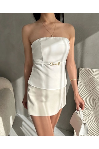 Straplez Beli Toka Detaylı Crep Bluz Beyaz Beyaz