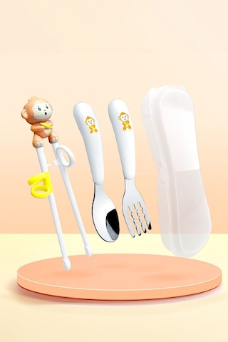304 Çelik Maymun Bebek Çocuk Kaşık Çatal Chopstick Set Cin771 Beyaz
