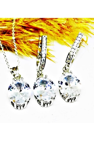 Lilahgümüştr Gümüş Oval Beyaz Taşlı Kadın Kolye Küpe