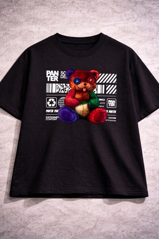 Yolo Street Oversize Siyah T-shirt 250 Gsm %100 Pamuk Renkli Teddy Bear Baskılı Streetwear Unisex Siyah