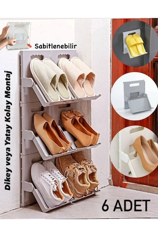 6 Adet Lyon Gri Ayakkabı Rafı Dikey İstiflenebilir Çok Katmanlı Y Gri