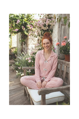 Rindahomewear Pembe Bürümcük Kumaş Fiyonk Detaylı Uzun Kollu Pijama Takımı Pembe