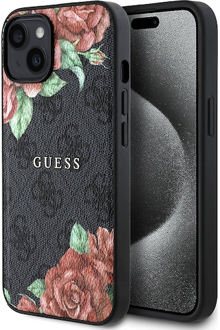 Apple Uyumlu iPhone 14 Kılıf Guess Lisanslı Magsafe Şarj Özellikli Gül Baskılı 4g Desenli Yazı Logolu Kapak Siyah
