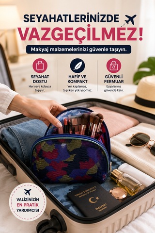 Geniş Bölmeli Makyaj Çantası File Detaylı Seyahat Kozmetik Organizer Kamuflaj Desenli Çanta