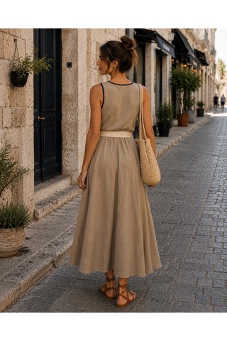 Eren Style İtalyan Belden Dolamalı Anvelop Keten Elbise Boyu:126 Cm'dir. Camel